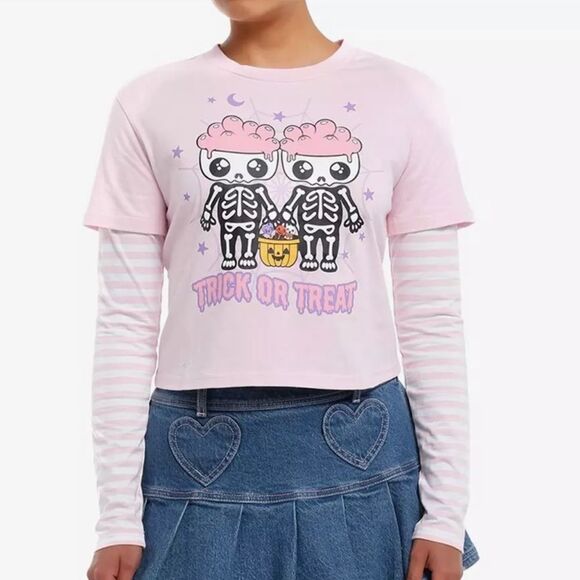 Sweet Society Skeleton Pink Stripe Twofer Long Sleeve T Shirt Trick or Treat L - Picture 12 of 14